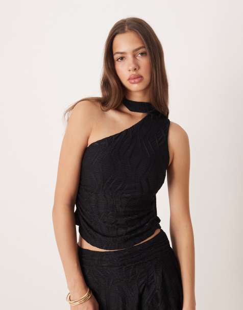 ASOS DESIGN co-ord scarf neck one shoulder textured top & mini skirt in black - view 1