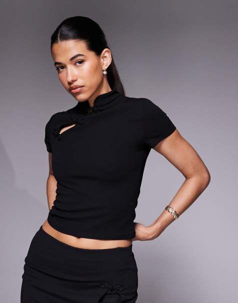 ASOS DESIGN co-ord scuba crepe fitted crop top with rouleau loops in black - view 1