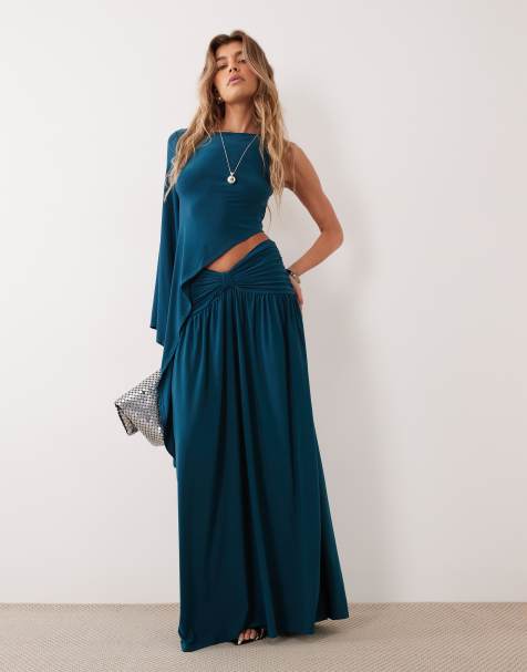 ASOS DESIGN co-ord sculpted twisted front maxi skirt in petrol - view 1