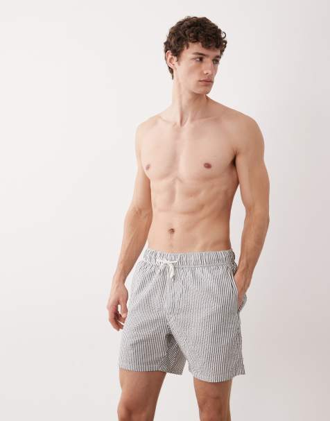 ASOS DESIGN co-ord seersucker swim shorts in mid length in black stripe - view 1