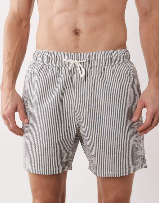 ASOS DESIGN co-ord seersucker swim shorts in mid length in black stripe, 4 of 5
