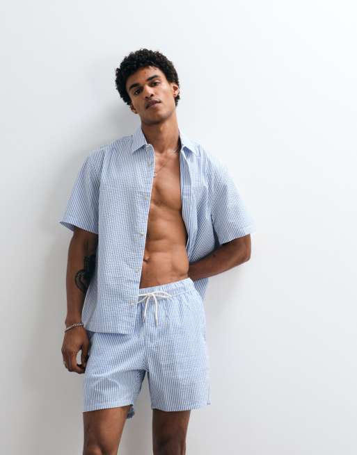 ASOS DESIGN co-ord seersucker swim shorts in mid length in blue stripe, 4 of 7