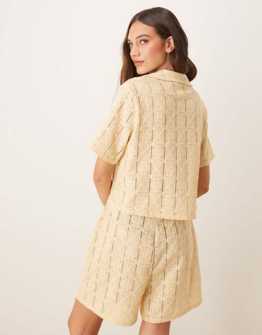 ASOS DESIGN co-ord semi sheer crochet relaxed fit shirt in buttermilk, 4 of 4