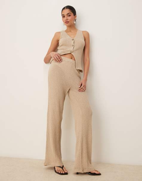 ASOS DESIGN co-ord semi sheer knit wide leg trouser in stone