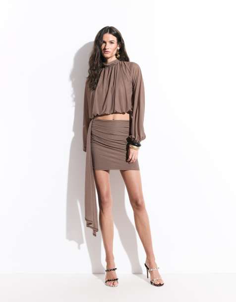 ASOS DESIGN co-ord semi sheer mesh drape detail mini skirt in mocha - view 1
