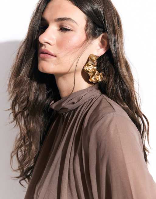 ASOS DESIGN co-ord semi sheer mesh high neck long sleeve top with bubble hem in mocha, 3 of 4