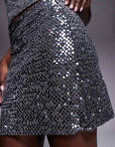 ASOS DESIGN co-ord sequin a-line mini skirt in silver - view 1