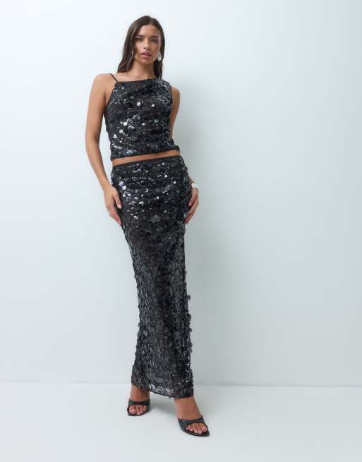 ASOS DESIGN co-ord sequin asymmetric cami with gathered shoulder in black, 2 of 5