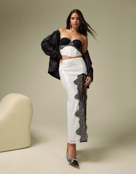 ASOS DESIGN co-ord sequin bandeau corset top and midi skirt in white - view 1