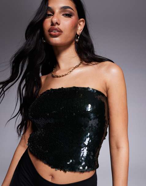 ASOS DESIGN co-ord sequin bandeau top in forest green - view 1