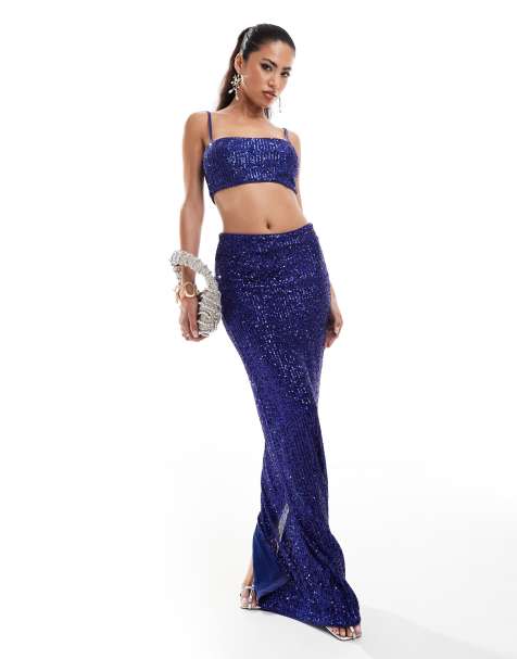 ASOS DESIGN co-ord sequin column midi skirt in blue - view 1