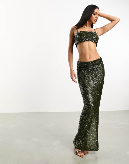 ASOS DESIGN co ord sequin column midi skirt in green