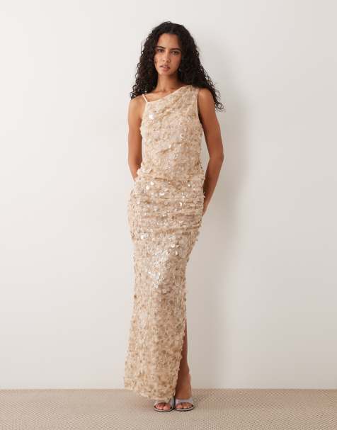 ASOS DESIGN co-ord sequin drape asymmetric top in champagne - view 1