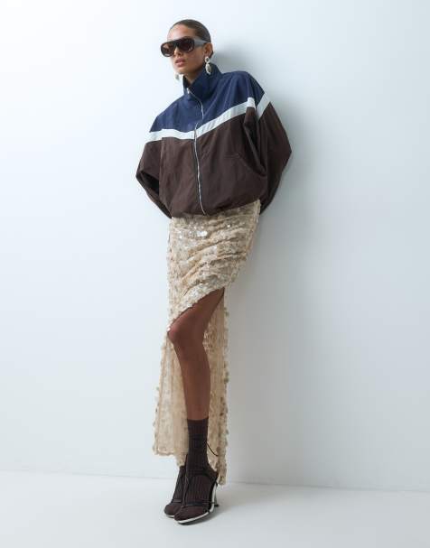 ASOS DESIGN co-ord sequin gathered waist maxi skirt with side split in champagne - view 1