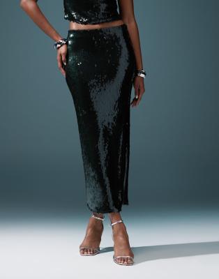 ASOS DESIGN co-ord sequin maxi skirt in forest green