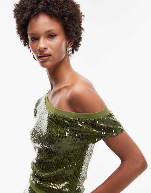 ASOS DESIGN co-ord sequin mesh mix off shoulder top in olive, 3 of 4