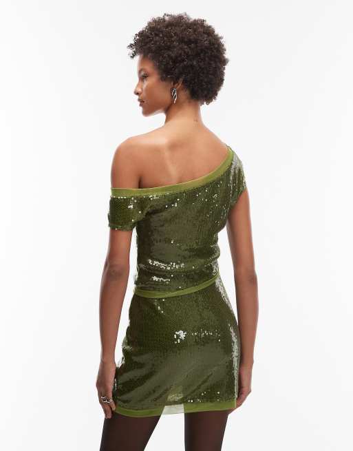 ASOS DESIGN co-ord sequin mesh mix off shoulder top in olive, 4 of 4