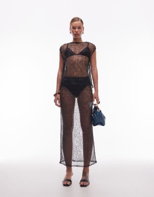 ASOS DESIGN co-ord sequin mesh sheer midi skirt in black - view 1