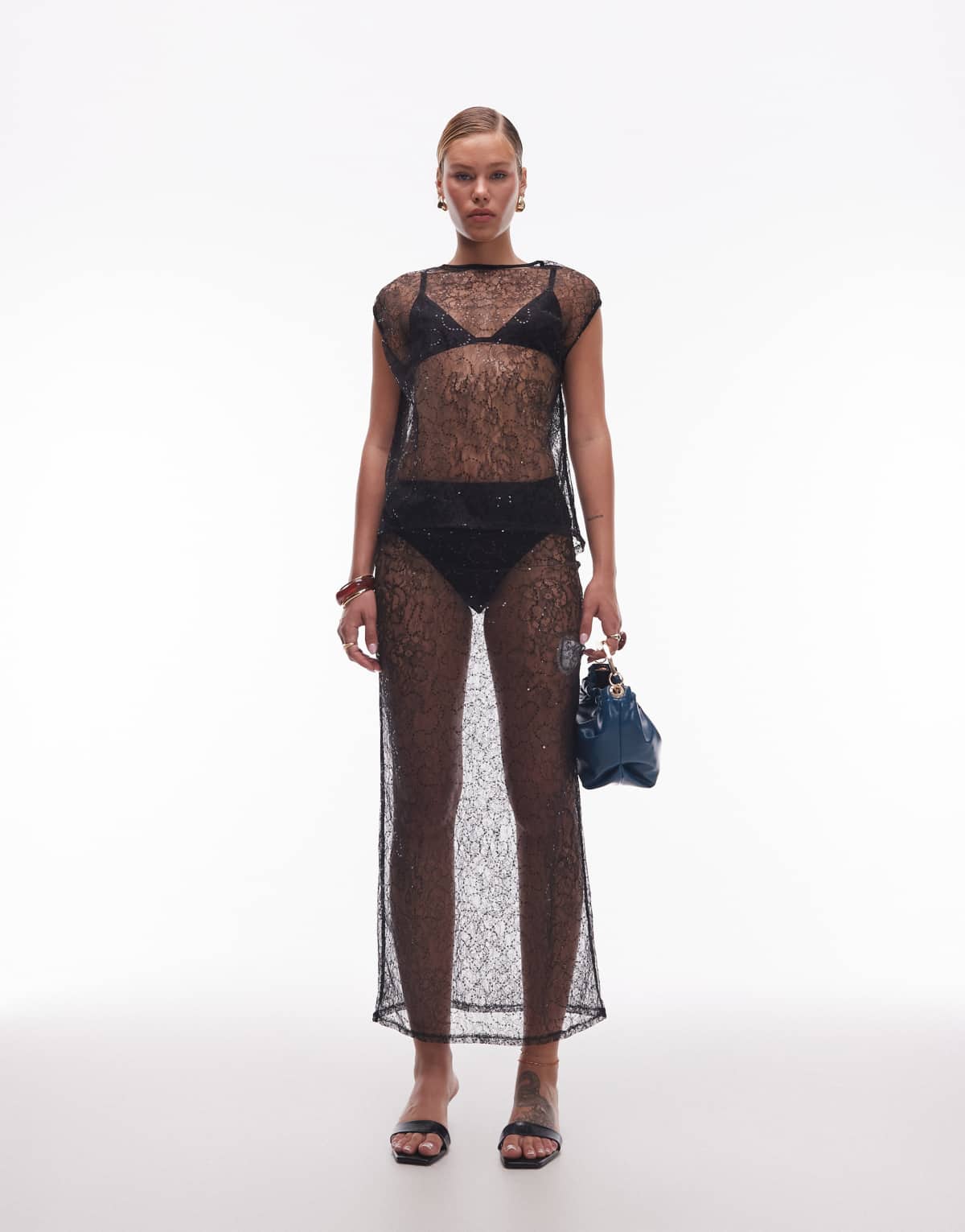 ASOS DESIGN co-ord sequin mesh sheer midi skirt in black