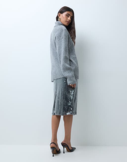 ASOS DESIGN co-ord sequin pencil midi skirt in gunmetal, 3 of 5