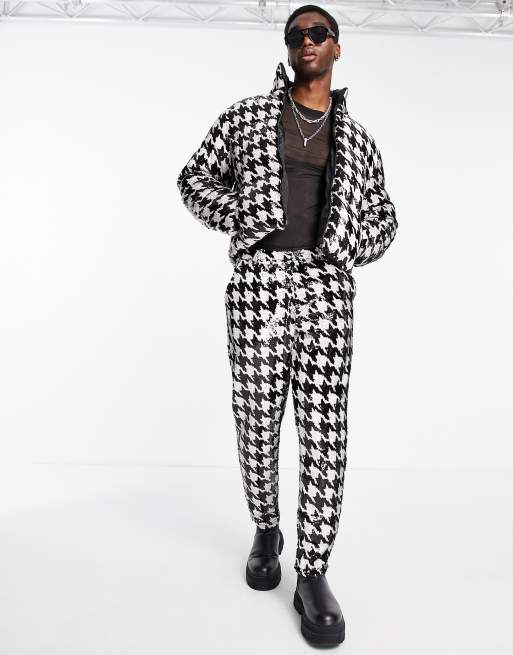 ASOS DESIGN co ord sequin puffer jacket in black and white