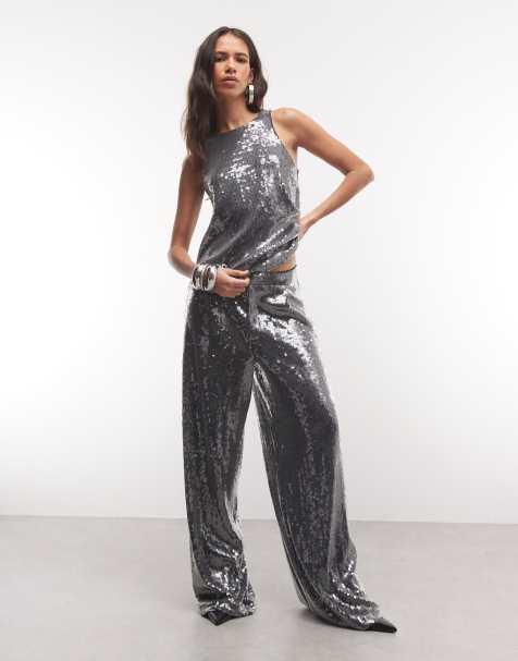 ASOS DESIGN co-ord sequin wide leg trouser in gunmetal - view 1