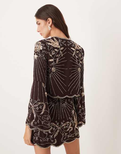 ASOS DESIGN - Co-ord set met blouse met lange mouwen, strik en versiering in chocoladebruin, 3 van 4