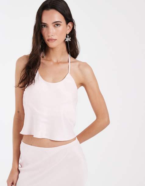 ASOS DESIGN - Co-ord set met cami van satijn met lage ronde hals en halternek in roze - view 1