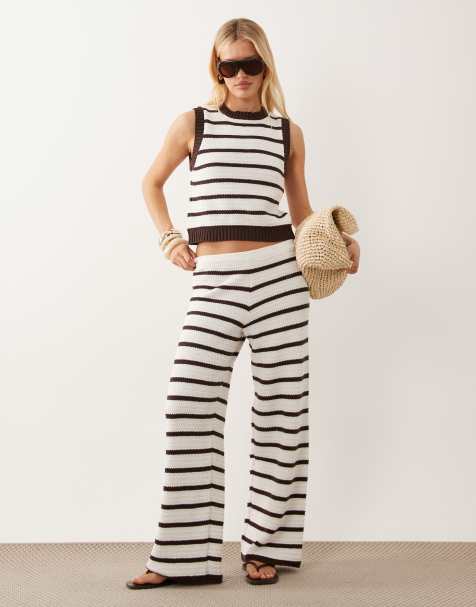 ASOS DESIGN - Co-ord set met gehaakte gebreide strandtop met bruine strepen - view 1