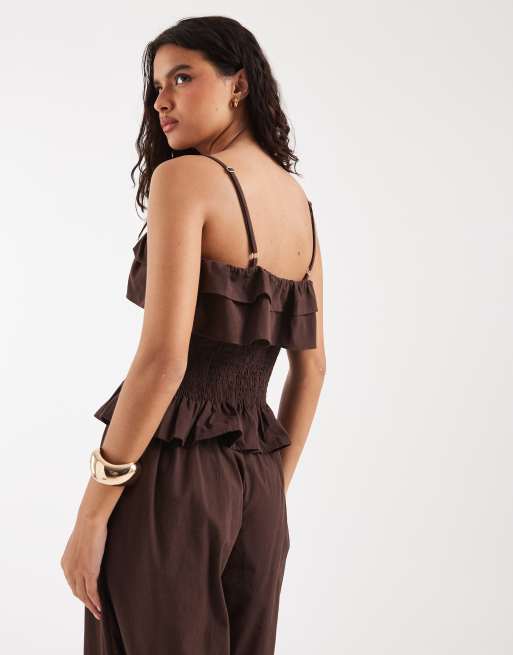 ASOS DESIGN - Co-ord set met gesmokte camitop van linnenmix met ruches in chocoladebruin, 3 van 4