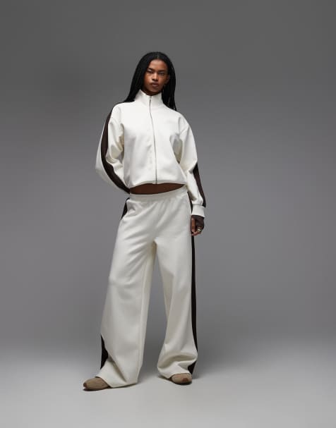 ASOS DESIGN - Co-ord set met interlocknaden en contrasterende bies in chocoladebruin en crème - view 1