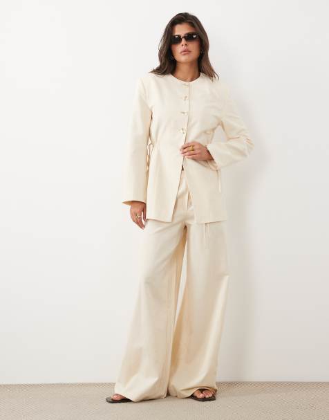 ASOS DESIGN - Co-ord set met linnen blazer met gestrikte zijkant in crème - view 1