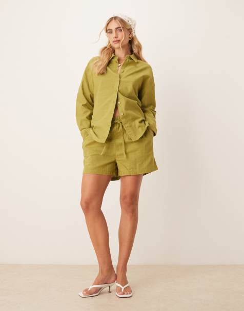 ASOS DESIGN - Co-ord set met linnenlook van overhemd, shorts en broek in olijfgroen - view 1
