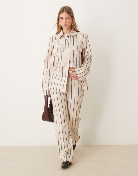 ASOS DESIGN - Co-ord set met overhemd en ruimvallende broek in ecru gestreept - view 1