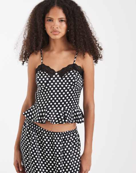 ASOS DESIGN - Co-ord set met satijnen peplum top met kanten afwerking en stippen - view 1