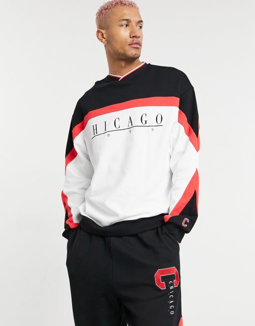 ASOS DESIGN - Co-ord set - Oversized sweatshirt met Chicago-print en retro kleurvlakken in vintage wassing