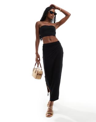 Asos Design Co-Ord Set Reversable Slinky Bandeau Top And Column Maxi Skirt In Black And Chocolate-Multi
