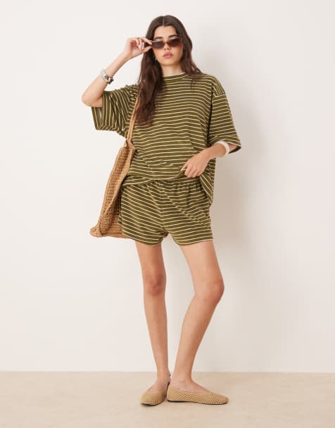 ASOS DESIGN - Co-ord set van badstof met kakigroene strepen - view 1