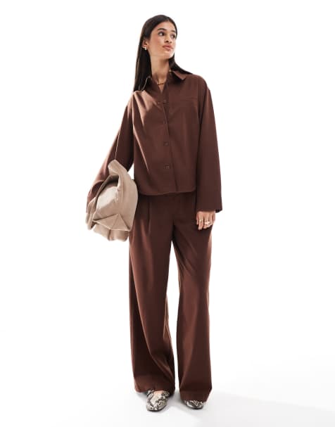 ASOS DESIGN - Co-ord set van elegant overhemd en broek met wollook in bruin - view 1