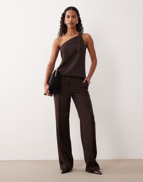 ASOS DESIGN - Co-ord set van elegante top met blote schouder en broek met rechte pijpen in chocoladebruin - view 1