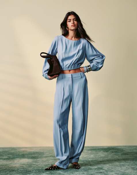 ASOS DESIGN - Co-ord set van elegante top met geplooide mouwen en broek in blauw - view 1