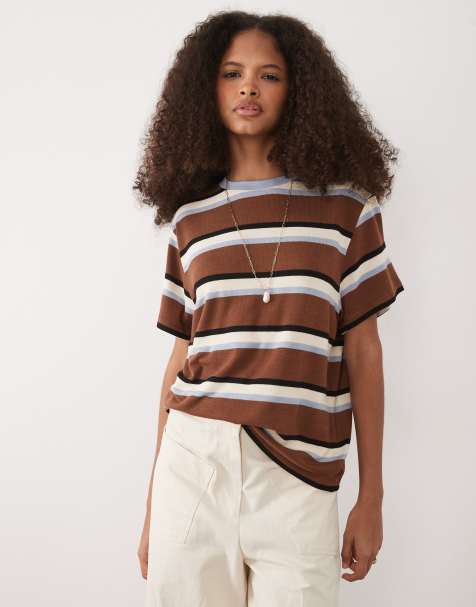 ASOS DESIGN - Co-ord set van gebreide gestreepte jersey in chocoladebruin en lichtblauw - view 1