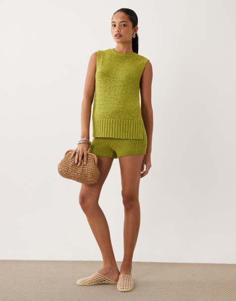 ASOS DESIGN - Co-ord set van gebreide tanktop en short met biezen in groen - view 1