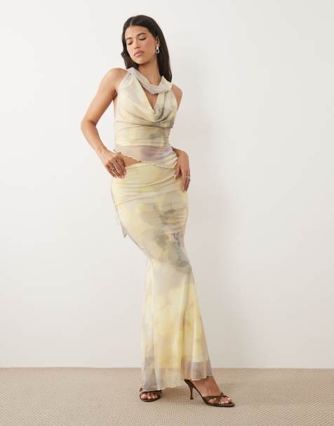 ASOS DESIGN - Co-ord set van gedrapeerde top met gedrapeerde hals en maxi rok van mesh met vervaagde bloemenprint - view 1