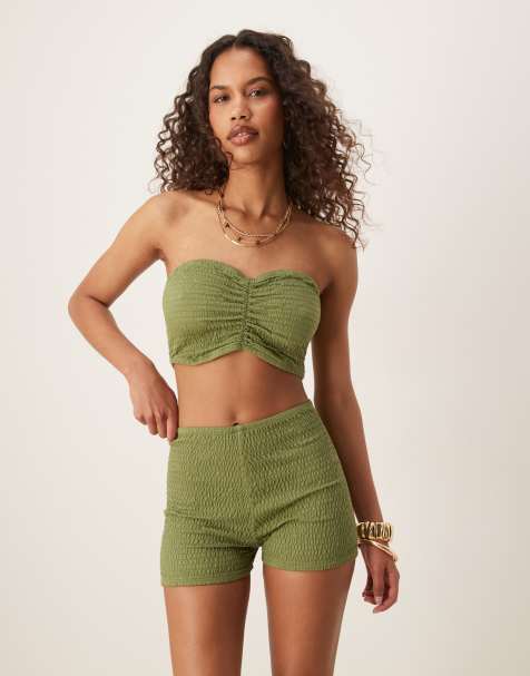 ASOS DESIGN - Co-ord set van gesmokte gerimpelde bandeau-top in kaki - view 1