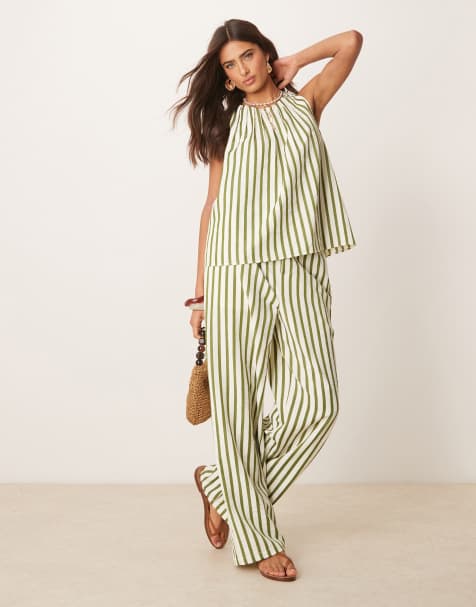 ASOS DESIGN - Co-ord set van gestreepte top van seersuckerstof en broek in kaki - view 1
