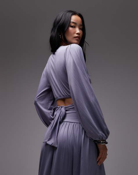 ASOS DESIGN - Co-ord set van gladde stof met gedrapeerde top ballonmouwen en rok in grijs - view 1
