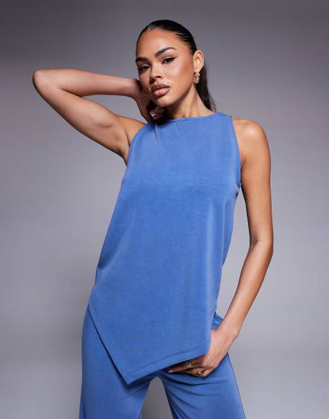 ASOS DESIGN - Co-ord set van hemdje en broek van cupro met wijde pijpen in indigo blauw - view 1