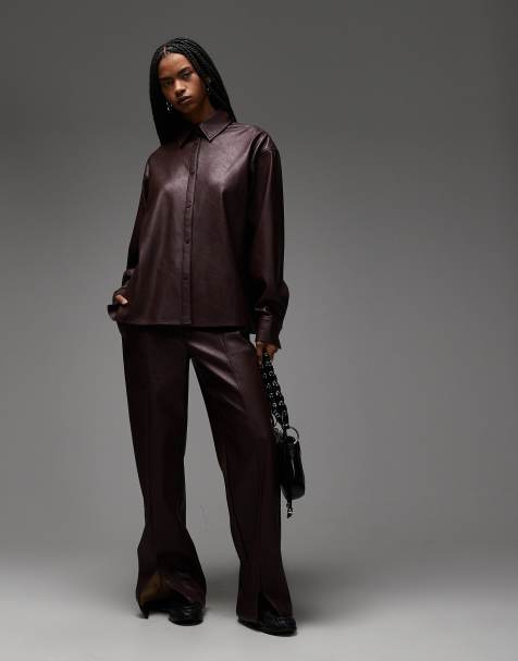 ASOS DESIGN - Co-ord set van imitatieleer van oversized overhemd en broek met split aan de zoom in pruimkleur - view 1