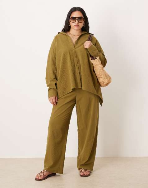 ASOS DESIGN - Co-ord set van kreukelstof van top en shorts en broek in olijfgroen - view 1